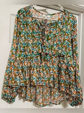 Umgee Floral Peasant Blouse - Green, Blue, Orange
